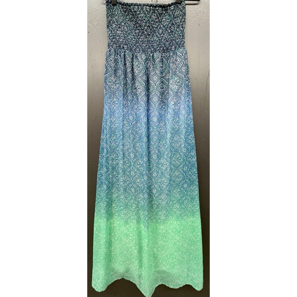 Old Navy Strapless Maxi Dress XS Blue Green Smocked Boho Beachy Fairy